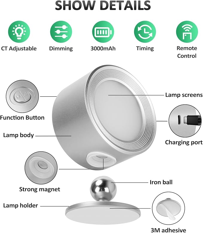 Lightbiz LED Reading Lights, Wall Lights Sconces 3 Pcs with Remote Rechargeable Battery Operated, 3 Color Temperatures & Dimmable Light Magnetic Ball 360°Rotation, Lamps for Study Bedside Closet