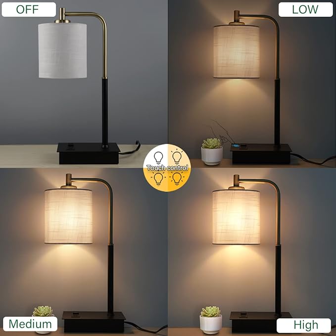 Table Lamp for Bedroom Set of 2 - 3-Way Dimmable Bedside Lamps with USB A+C Port and 1 AC Outlet White Linen Shade Nightstand Lamps for Living Room, Desk Lamps for Office Reading (Includes 2 Bulbs)