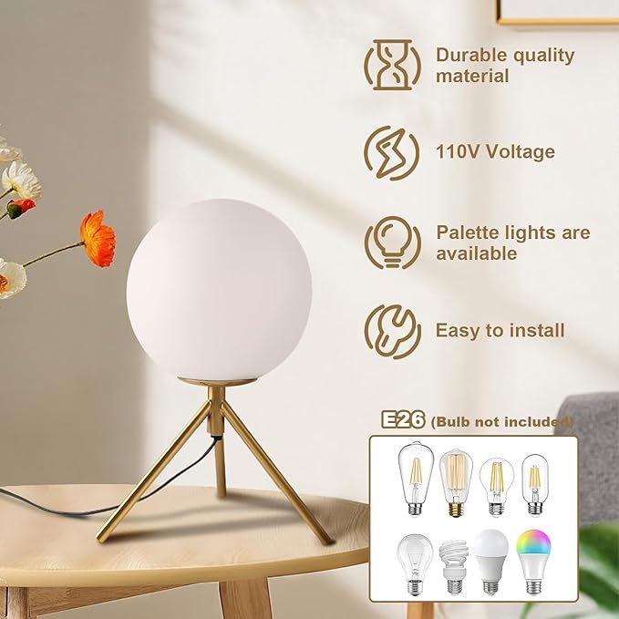 Gold Table Lamp Glass Globe Table Lamp Mid Century Modern Bedside Lamp Small Nightstand Lamp Milk White Desk Lamps for Bedroom, Living Room, Study Room