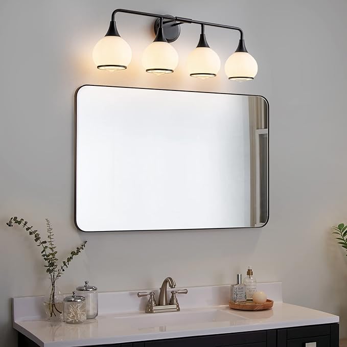 Black Bathroom Light Fixtures 4-Lights Vanity Lights with Milky White Frosted Glass Shade Bathroom Vanity Light 30.7 inch Wall Sconce Lighting Bath(Exclude E26 Bulb)