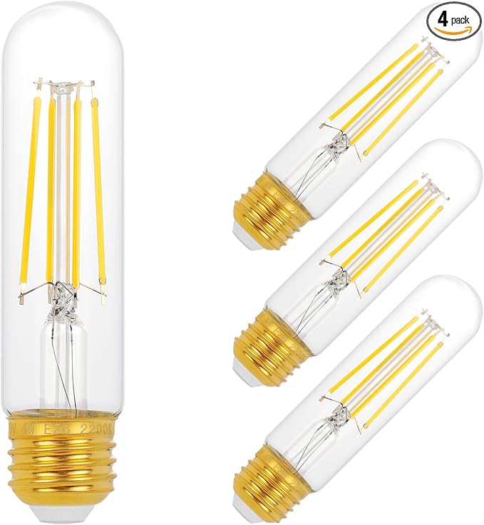E26 T10 LED Light Bulbs, 5 Inch Vintage Tubular Thin Edison Bulbs, 4000K Daylight White, 4W(60W Eqv.), Ultra Efficient & Dimmable, Great for Living Room, Dining Room & General Lighting, 4 Pack