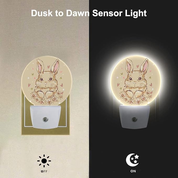 EKOBLA Easter Bunny Night Light Cute Animal Rabbit Hare with Butterfly Boho Plug-in Nightlights Auto Sensor Energy Efficient LED Lamp for Boy Girl Gifts