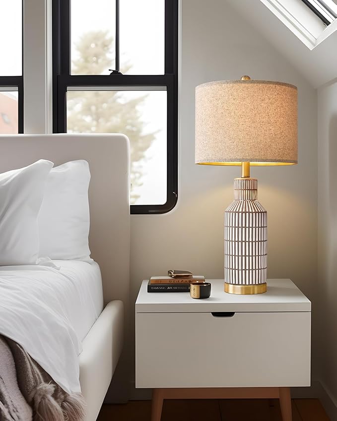 25" Table Lamps Set of 2, Modern Ceramic Bedside Lamps - Farmhouse Brown Nightstand Lamps for Bedroom, Boho Living Room End Table & Office Desk Decor