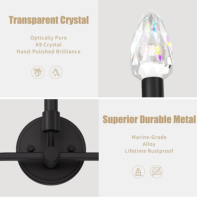 Bathroom Vanity Light, 3 Light Matte Black Vanity Lights with Crystal Bulbs, Crystal Bathrooms Wall Sconces, Bathroom Lighting Fixtures Over Mirror for Living Room Hallway (Includes Bulbs)