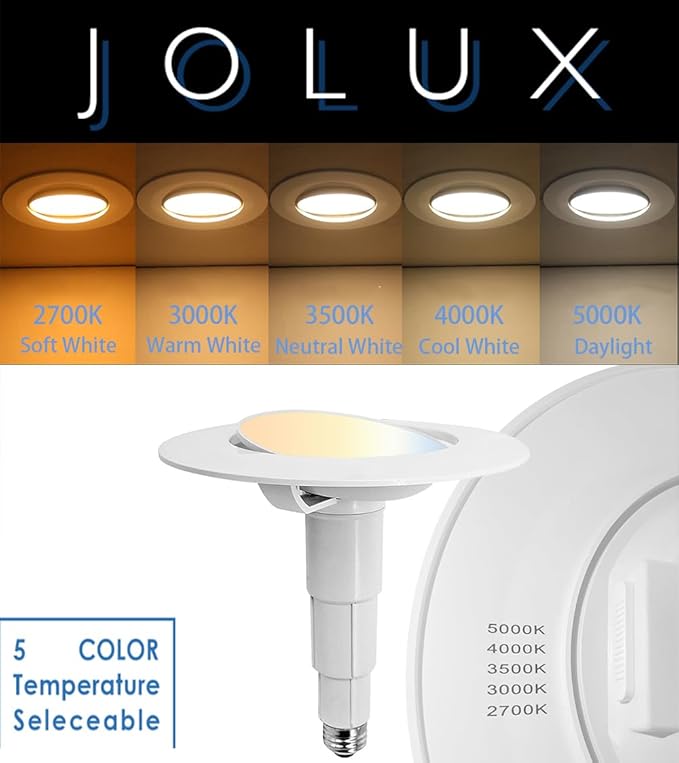 Jolux 6-Pack 5/6 Inch 5CCT LED Can Light Gimbal Retrofit Recessed Downlight, Adjustable Angle, Recessed Lighting CCT Selectable 2700K/3000K/3500K/4000K/5000K,12W=60W,800LM, Dimmable, E26 Base…