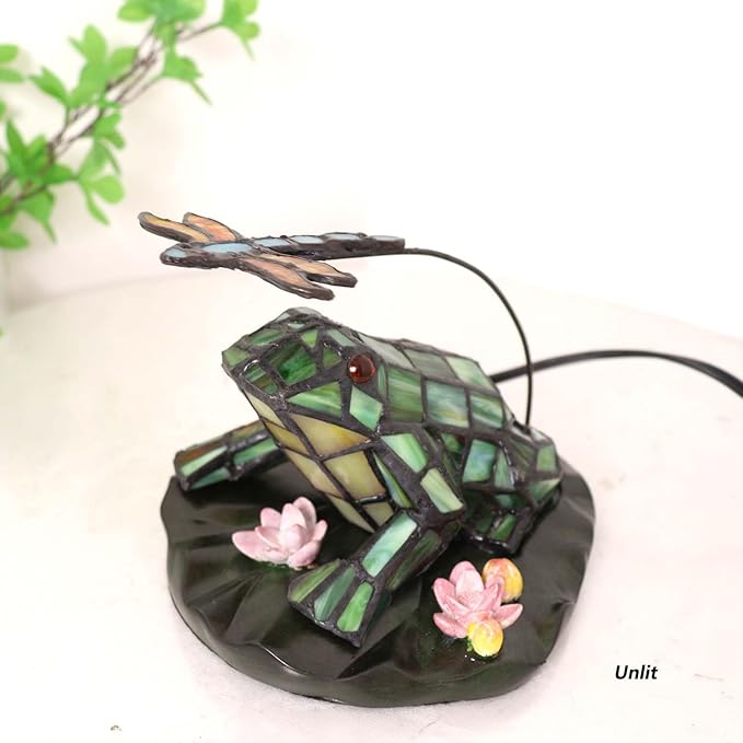 Bieye L12014 Frog Table Lamp Tiffany Style Stained Glass Accent Night Light for Home Décor Nursery Bedside (Staring at Dragonfly)