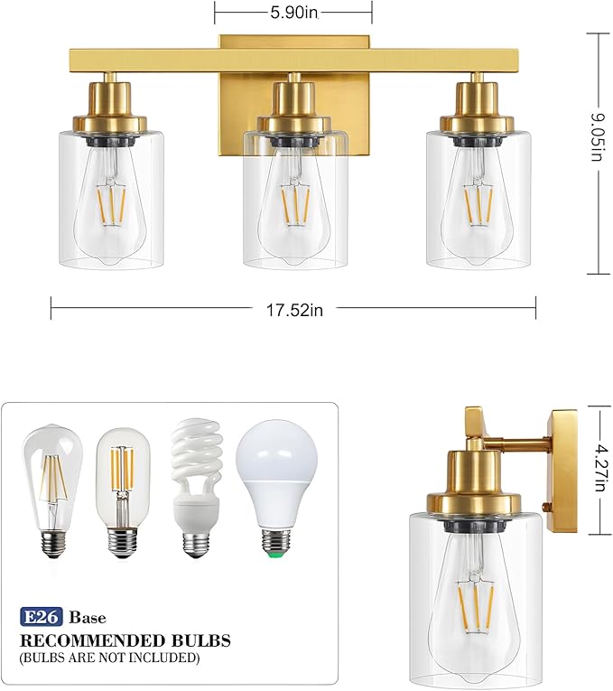 3 Light Gold Bathroom Light Fixtures, Bathroom Vanity Light Over Mirror, Gold Wall Sconce Vanity Lighting with Clear Glass Shade,Modern Farmhouse Bath Wall Lamp for Mirror Kitchen