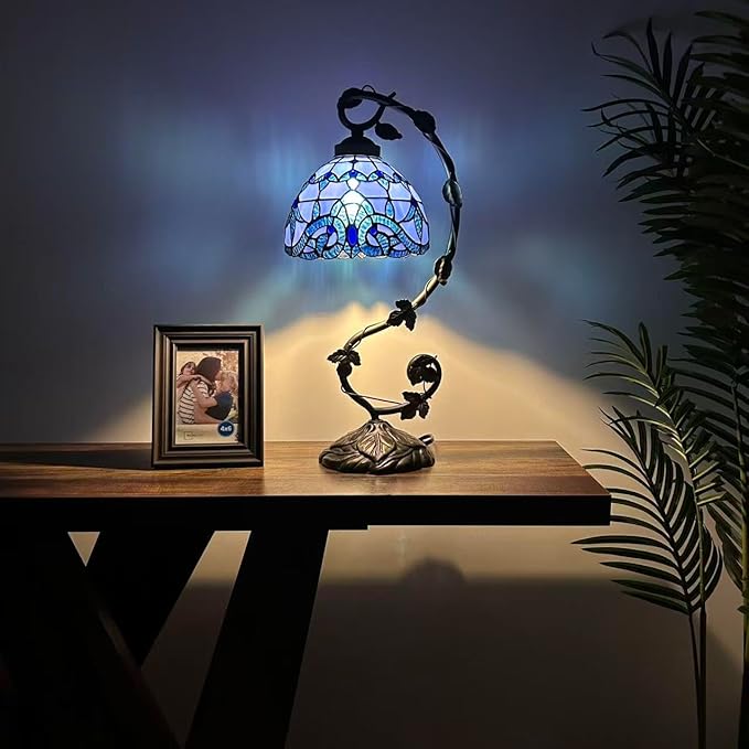 Stained Glass Table Lamp Blue Baroque Style Iron Metal Leaves Bronze Base Included LED Bulb for Living Room Bedroom Bedside 11" W*8" D*21" H