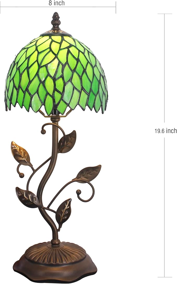 Small Tiffany Lamp Stained Glass Table Lamp Metal Leaf Accent Desk Memory Lamp Sympathy 8X20 Inch (Green Wisteria Leaves Style)