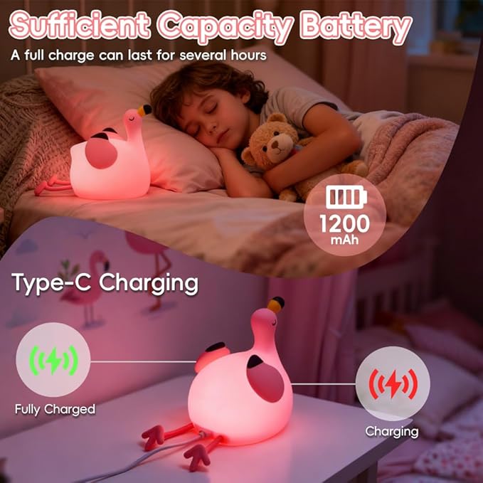 Flamingo Silicone Night Light for Kids, Soft Flamingo Lamp with Timer, 3 Level Dimmable Rechargeable Nursery Bedside Night Light, Creative Room Decor Cute Toys and Gifts for Boys and Girls