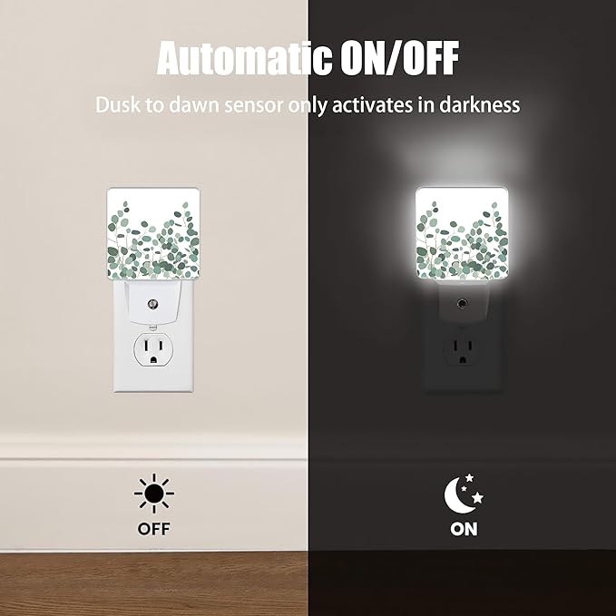 Floral Eucalyptus Dusk to Dawn Night Light, Auto Sensor Lamp Home Indoor Stairway Kitchen Corridor, Night Lights Plug into Wall Decor, Boys Girls Women Men Room Gifts