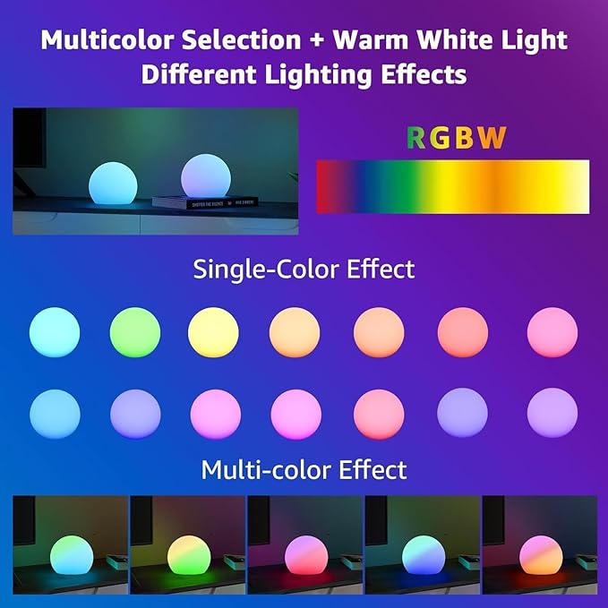 FUYO Smart Table Lamp, 8-inch Rechargeable LED Globe Orb Light with App/Remote Control, IPX6 Water-Resistant, 16 Colors & 4 Modes, Sphere Night Light for Home Bedroom Pool Garden Decor