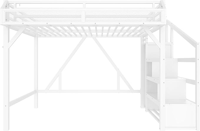 Bellemave Queen Loft Bed Frame with Storage Stairs, Beside Shelf & Wardrobe, Metal Queen Size Loft Bed with USB Ports&LED Light, Large Under-Bed Space Loft Beds for Adults,Teens, Kids, White