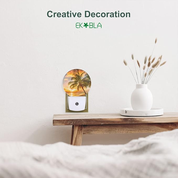 EKOBLA Sunset Beach Night Light Summer Seaside Palm Tree Coastal Plug-in Nightlights Home Auto Sensor LED Dusk to Dawn Light for Bedroom Bathroom Kitchen Corridor