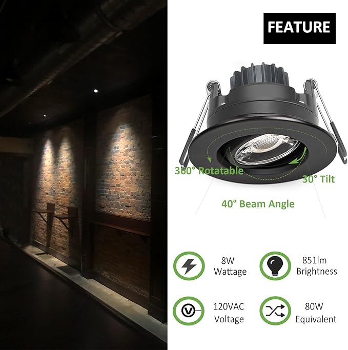 Canless Recessed Gimbal Downlight Rotatable-Spotlight 5 CCT 3 Inch Eyeball Ceilling Potlight, Dimmable Recessed Lights Fixture with Junction Box, 8W CCT Adjustable, Black Round Trim, 6 Pack