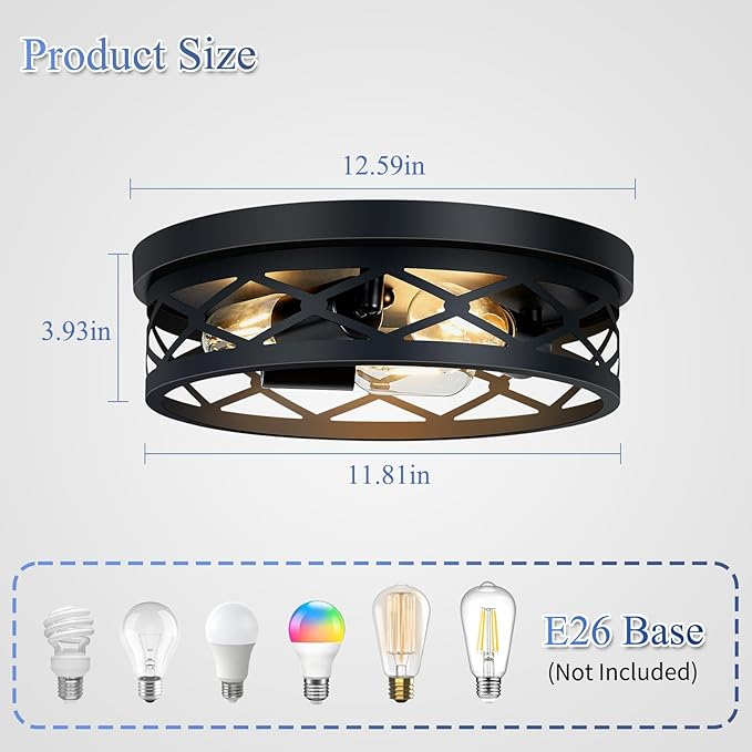 13in 3-Light Farmhouse Flush Mount Ceiling Light,Black Metal Cage Design,E26 Base Ceiling Fixtures for Kitchen Hallway Entryway (2 Pack)