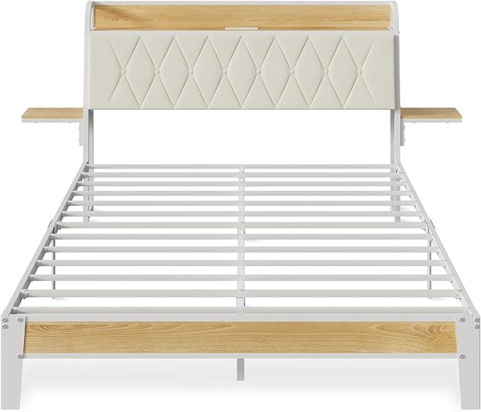 WLIVE Queen Bed Frame with Headboard, Upholstered Bed Frame with 2 Storage Shelves, Platform Bed with LED Lights and Charging Station, 1500LBS Mattress Foundation, No Box Spring Needed, Beige