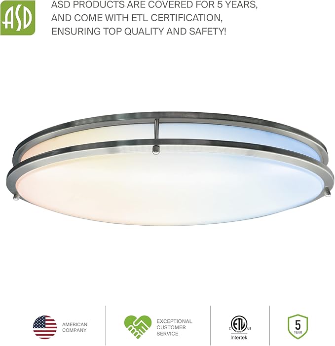ASD LED 32" Oval Flush Mount Lighting, Close to Ceiling Light Fixture | 5CCT, Dimmable, ETL Listed | 50W 3960LM 2700-5000K 120V | Low Profile Double Ring Lamp | Nickel, 2 Pack