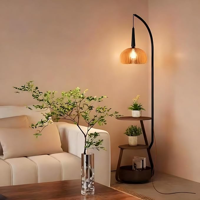 Bofea-Modern Arc Floor Lamp with Table & Shelves,Vintage Floor Lamps for Living Room,Mid Century Tall Standing Lamp with Walnut Shade,Adjustment Height Corner Lights for Bedroom Study Office