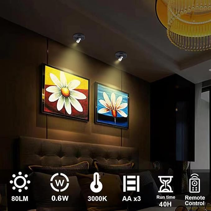 LED Spotlight, Battery Powered Picture Lights, Uplighting Indoor, Puck Lights with Remote, Stick Spot Light for Wall Display Dartboard Painting Artwork Accent-Silver（4Pack）