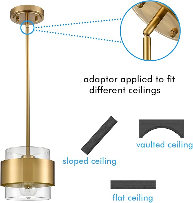 CLAXY Glass Pendant Light Mini Gold Hanging Pendant Lighting Clear Cyliner Shade for Kitchen Sink Dining Bathroom, Adjustable Hanging Rods