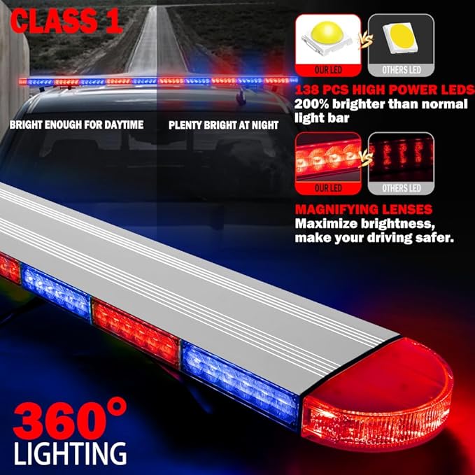 ASPL 49 inch Low Profile Emergency Strobe Lights Bar Rooftop Full Aluminum Flashing Warning Security Traffic Advisor Hazard Light for Trucks Tow Construction Vehicles(Red/Blue)