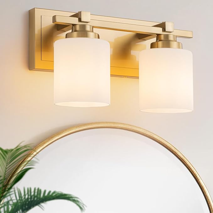 2 Light Modern Bathroom Light Fixtures Over Mirror, Brass Finish Vanity Lights for Bathroom Wall Sconces with Milky White Glass Shades, E26 Socket (Bulbs Not Included)
