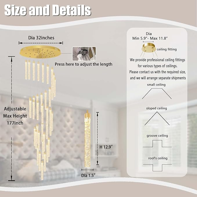 Chandeliers for Living Room 38-Lights Modern Crystal Light Extra Large Chandelier Light Fixture Entryway Foyer High Ceiling Chandeliers Lighting with Sloping Ceiling (Gold Chandelier)