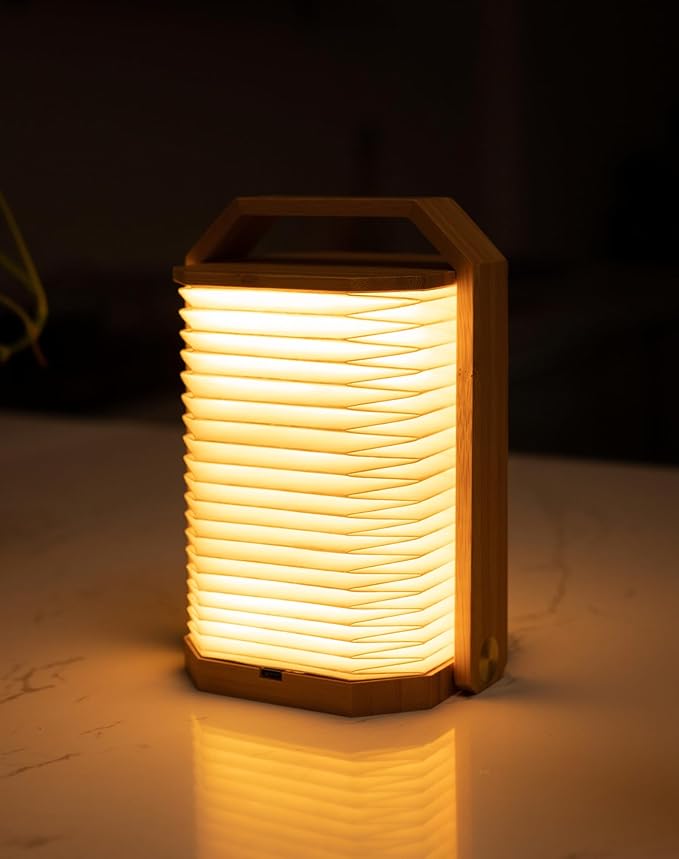Portable Bamboo Lamp - Foldable Japanese Lantern with USB Charging, Waterproof Tear-Resistant Fiber Paper Shade, Accordion Travel Light for Home Decor Camping Gift