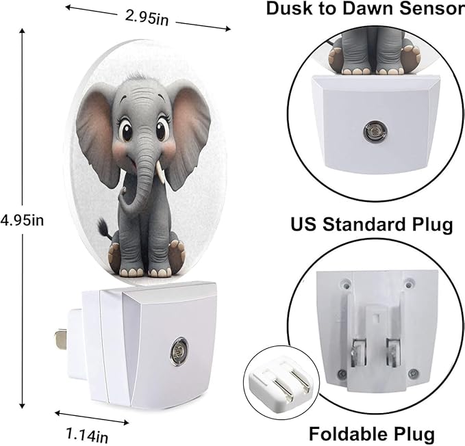 Plug-in Elephant Night Light Cute Elephant with Big Eyes Nightlight with Dusk to Dawn Sensor, Auto On/Off 0.5W Energy-Saving LED Lighting for Men Women Boys Girls Gift