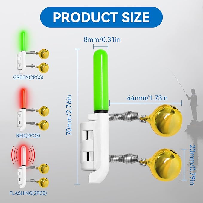 6PCS Night Fish Strike Alert Glow Stick Alert, Fishing Bite Alarm Bite Alarm, LED Fishing Alarm with Bell, Fishing Glow Sticks with 8PCS CR425 Battery
