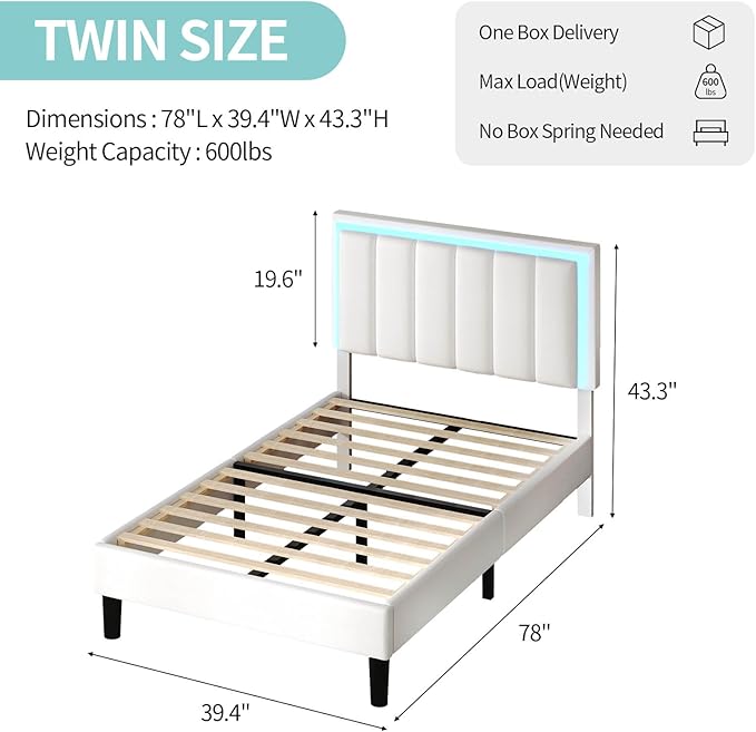 Twin Bed Frame, Twin Bed Frames with Headboard, Upholstered and RGB LED Lights, Heavy Duty Wood Slats Support, Noise-Free, No Box Spring Needed, Easy Assembly, White