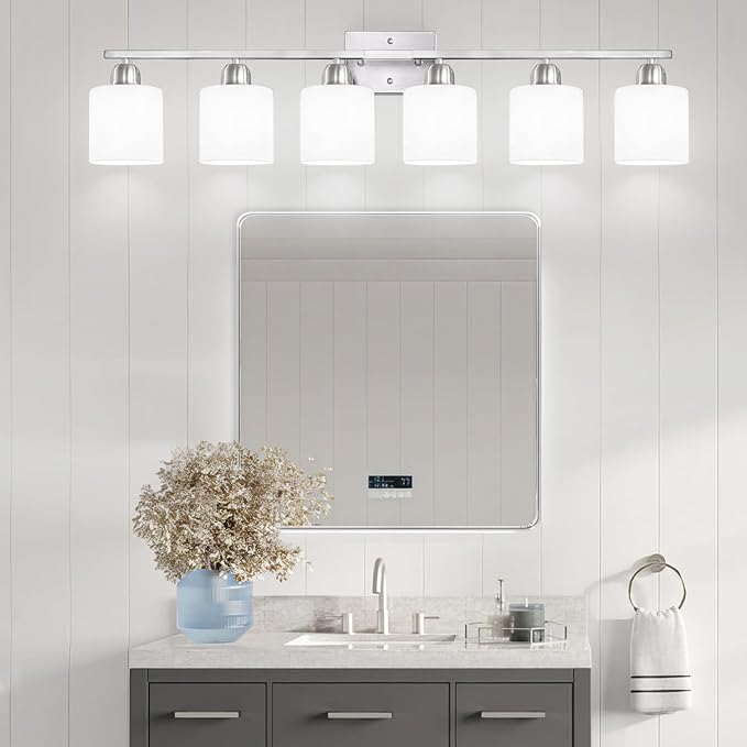 Brushed Nickel Vanity Light for Large Mirror, 6 Light Bathroom Lighting Fixtures Over Mirror with Milky White Frosted Glass Shades, 38 inch Bathroom Light for Mirrors, E26 Socket