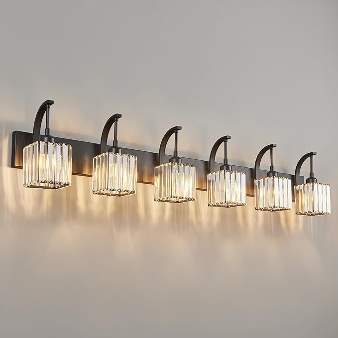 Crystal Vanity Lights 6-Light Black Bathroom Vanity Lights Modern Crystal Bathroom Light Fixtures Over Mirror 51.18" Long Vanity Light for Bathroom