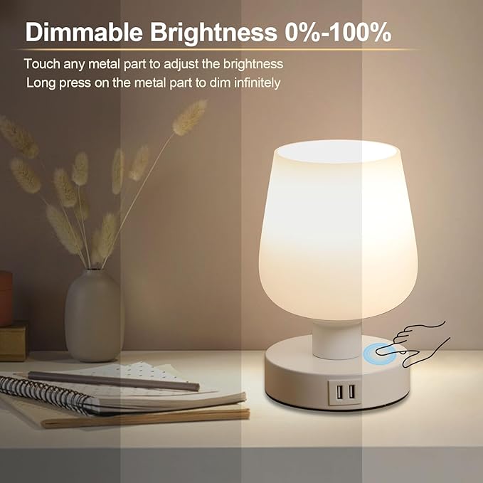 Touch Bedside Table Lamp with 2 USB Ports, Dimmable Small Table Lamp for Bedroom & Living Room with White Opal Glass Lamp Shade & LED Bulb, Modern Nightstand & Desk Lamp