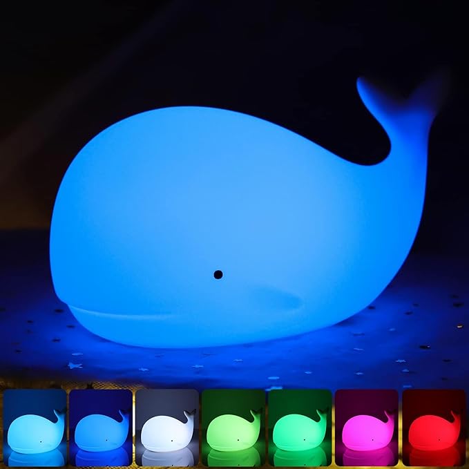 LOVERUIS Whale Night Light Silicone 7 Colors Dimmable 3 Hours Timer Whales Baby Light Decor Room Ocean Baby Nursery Decors Gift Kids