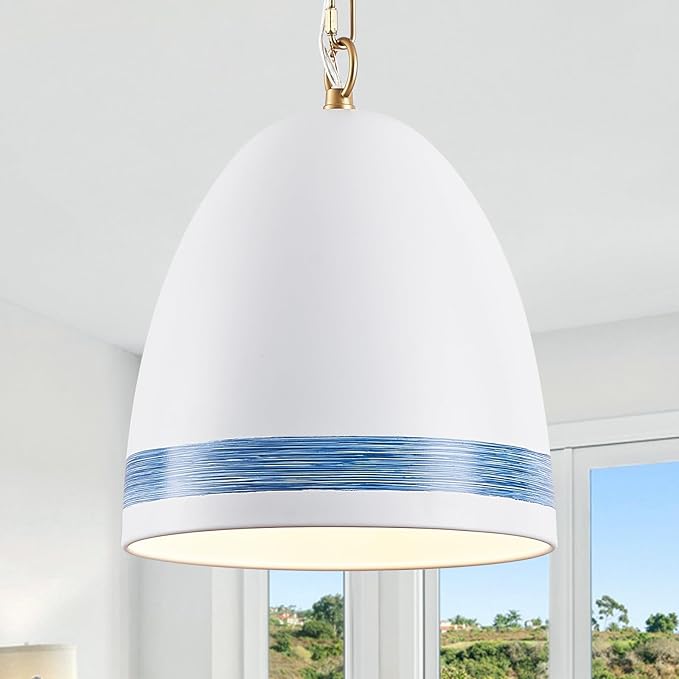 Coastal White Pendant Light Metal Dome Kitchen Island Pendant Lighting with Chain 10in Large Pendant Hanging Light Over Dining Table, Beach Ceiling Pendant Lights for Entryway Hallway