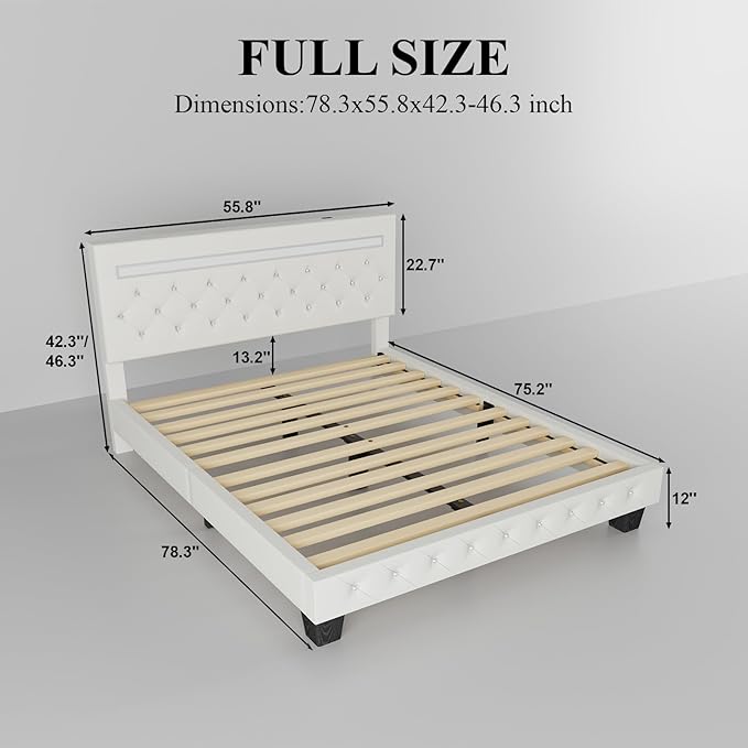 Full Size Bed Frame with LED Lights, Upholstered Platform Bed Frame, Adjustable Headboard with Charging Station, Wooden Slats Support, Easy Assembly, No Box Spring Needed, White