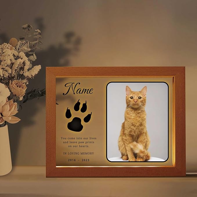 Personalized Pet Night Light Customized Dog Memorial Gift with Picture Name Date Light Up Acrylic Plaque Cat Sympathy Remembrance Gift(H-Cat Paw)