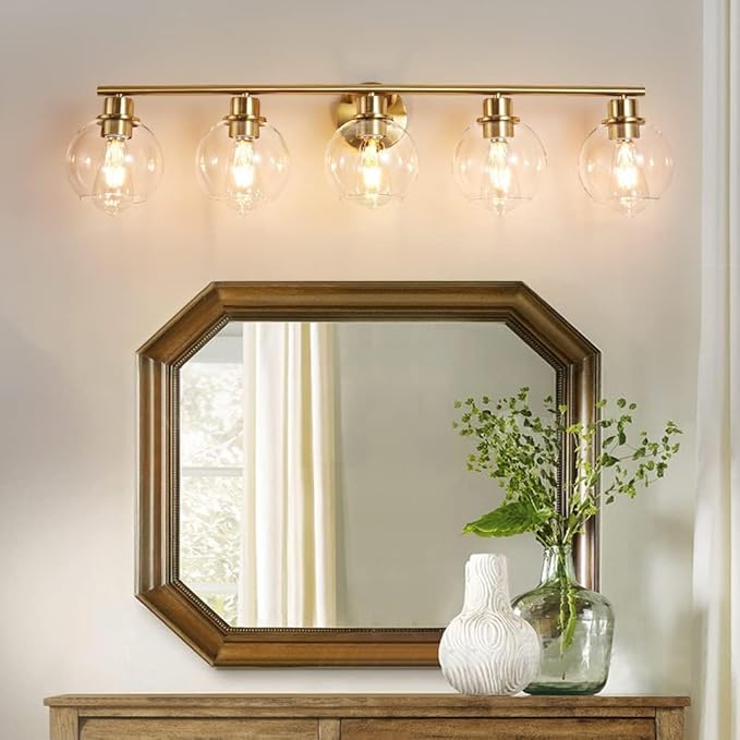 Bathroom Light Fixtures Over Mirror 5-Lights Bathroom Vanity Light with Clear Glass Shade 37.5 inch Modern Wall Sconce Gold Vanity Lighting for Bath