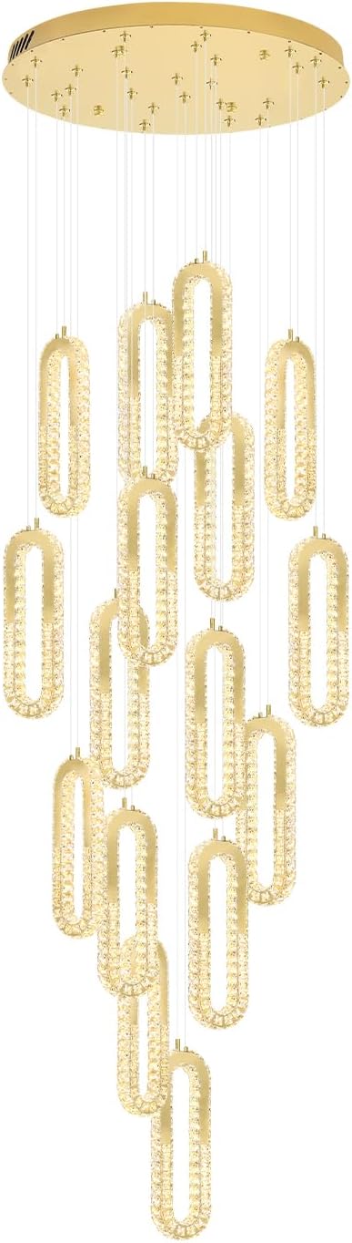 H138 High Ceiling Crystal Chandelier, Modern Oval Ring LED Chandeliers for Entryway Great Room Gold