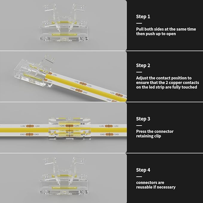 PAUTIX 8mm 2-Pin COB Connector 8pcs L-Shaped/Corner Connectors,Reusable Solderless Adapter Terminal Extension Connection,2pcs Gapless Strip to Strip Connectors for COB LED Strip Lights,SMD LED Strips