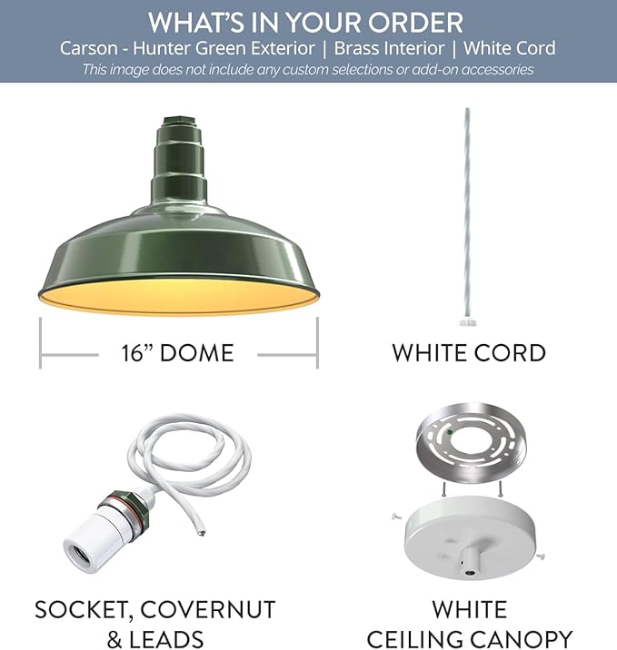 Steel Lighting Co. Carson Barn Light | Ceiling Mounted Pendant | 16 inch Dome | 4' White Cord | Industrial Style Steel Light Made in America | Hunter Green Exterior/Brass Interior