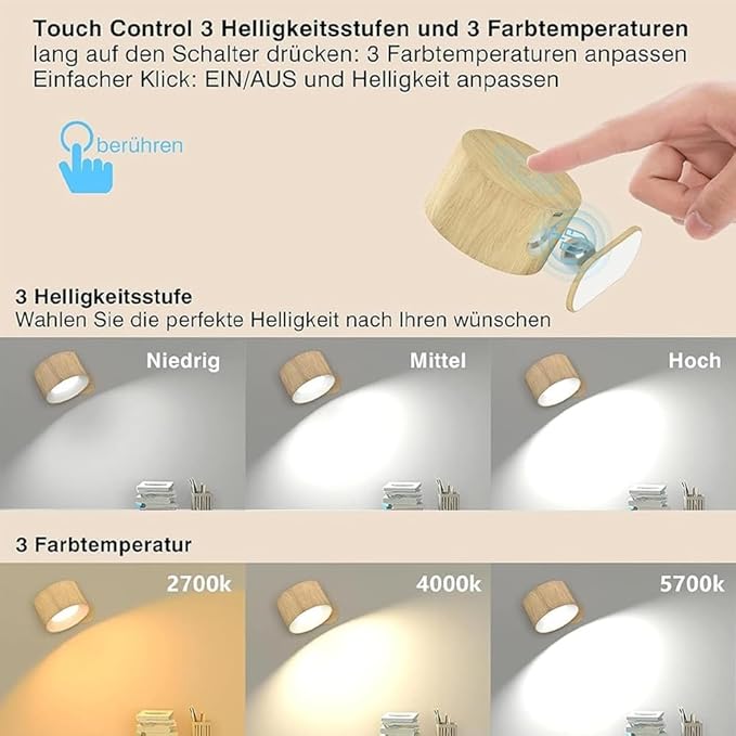 Rechargeable Wall Sconces Set of 2, Battery Operated LED Wall Lights with Remote, 3 Color Temperatures & Dimmable 360° Rotation Magnetic Lamps for Bedroom, Reading, Bedside, Living Room
