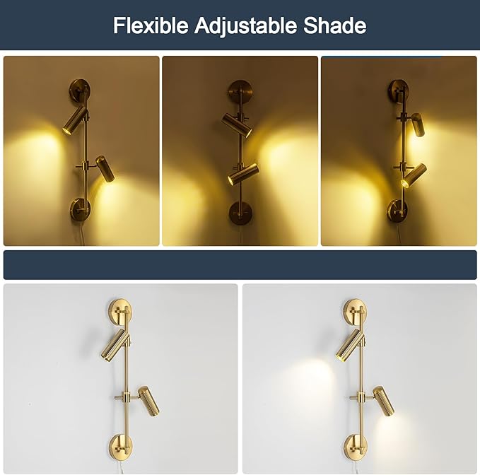 Gold Plug in Wall Sconces, 3 Lights Wall Mount Lamp with Rotatable Shade 3000K Warm White Wall Light for Bedroom Living Room Picture Light (Bulb Included)