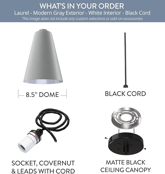 Steel Lighting Co. Laurel Pendant Light | Ceiling Mounted | 8.5 inch Cone Shade | Modern Contemporary Farmhouse Style Made in America | Black Cord | Modern Gray Exterior/White Interior