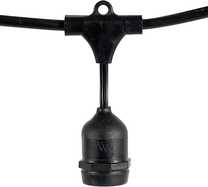 100-ft 50 Suspended Sockets E26 Commercial Patio Light Stringer, Heavy Duty Weatherproof SJTW Black Wire, 24" Spacing, 16 Gauge Wire, Stringer Only