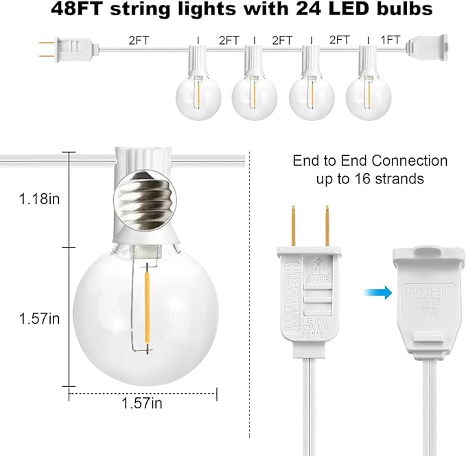 SUNTHIN White Outdoor String Lights, 48FT White Patio Lights with 25 G40 Shatterproof LED Bulbs(1 Spare), Waterproof Hanging Outside Lights for Porch, Deck, Garden, Pergola, Bistro