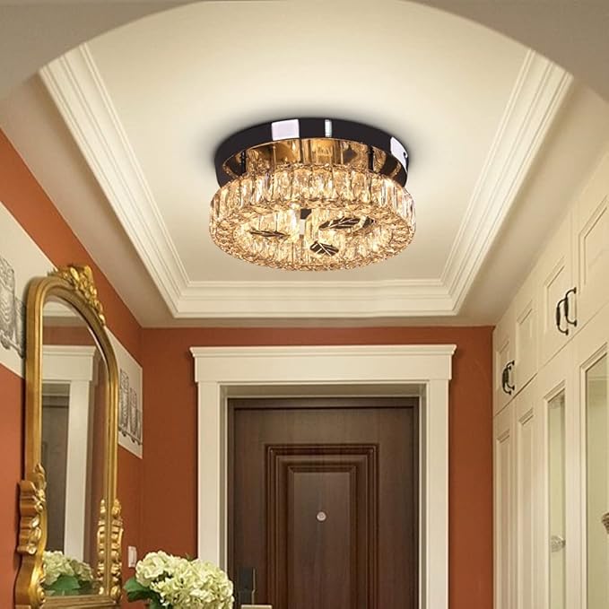 Finktonglan 10.6" LED Crystal Chandelier - Semi-Embedded Ceiling Light with K9 Crystals, Dimmable Light, Stainless Steel, 120V for Living Room, Dining Room, Kitchen, Bedroom, Hallway