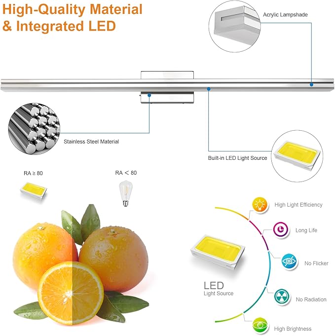 SineRise LED Modern Bathroom Vanity Light Bar (48-Inch, 3000K/4000K/6000K), Chrome Dimmable Modern Acrylic Bathroom Wall Lighting Fixtures Over Mirror